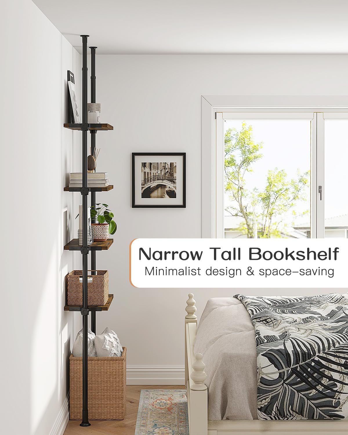Adjustable Tall Narrow Bookshelf for Bedroom, 4-Tier Ladder Bookcase for Small Spaces, Tension Mount Tall Skinny Book Shelf with Open Storage, 64 to 113Inch Height-3