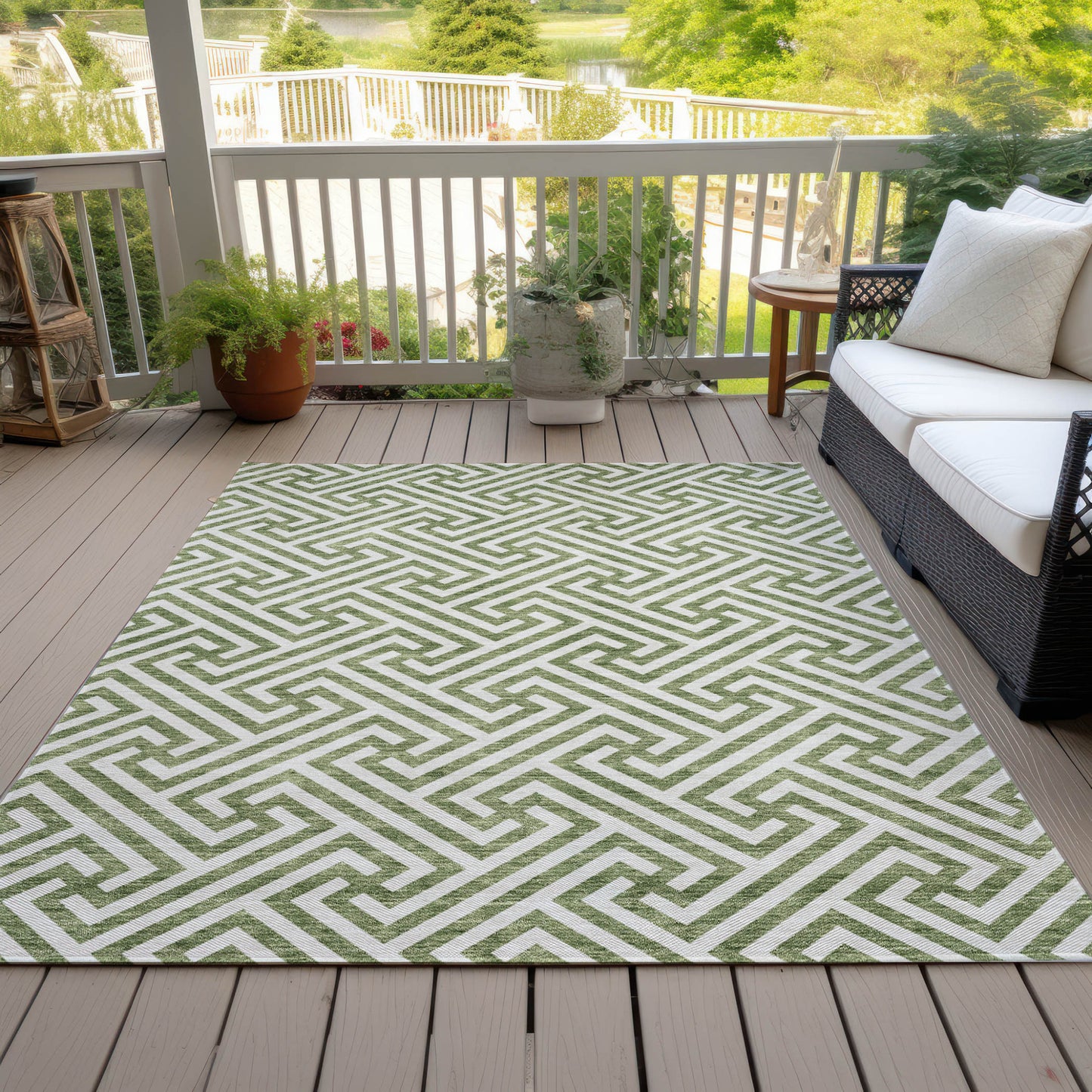 10' X 14' Green And Beige Geometric Washable Indoor Outdoor Area Rug-6