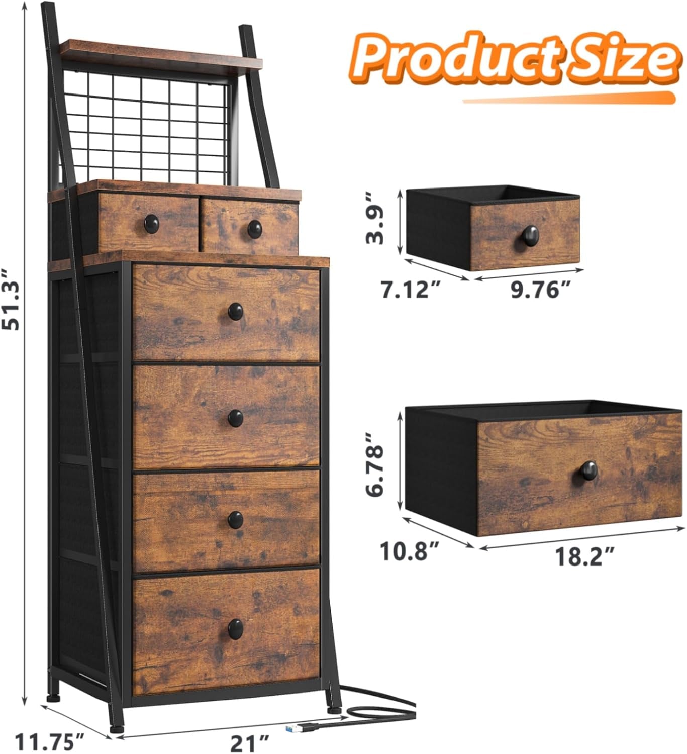 Vertical Dresser for Bedroom 6-Drawer LED Dressers & Chest of Drawers Sturdy Bedroom Dressers with Grid for Living Room,Closet,Entryway,Dorm,Rustic Brown-1