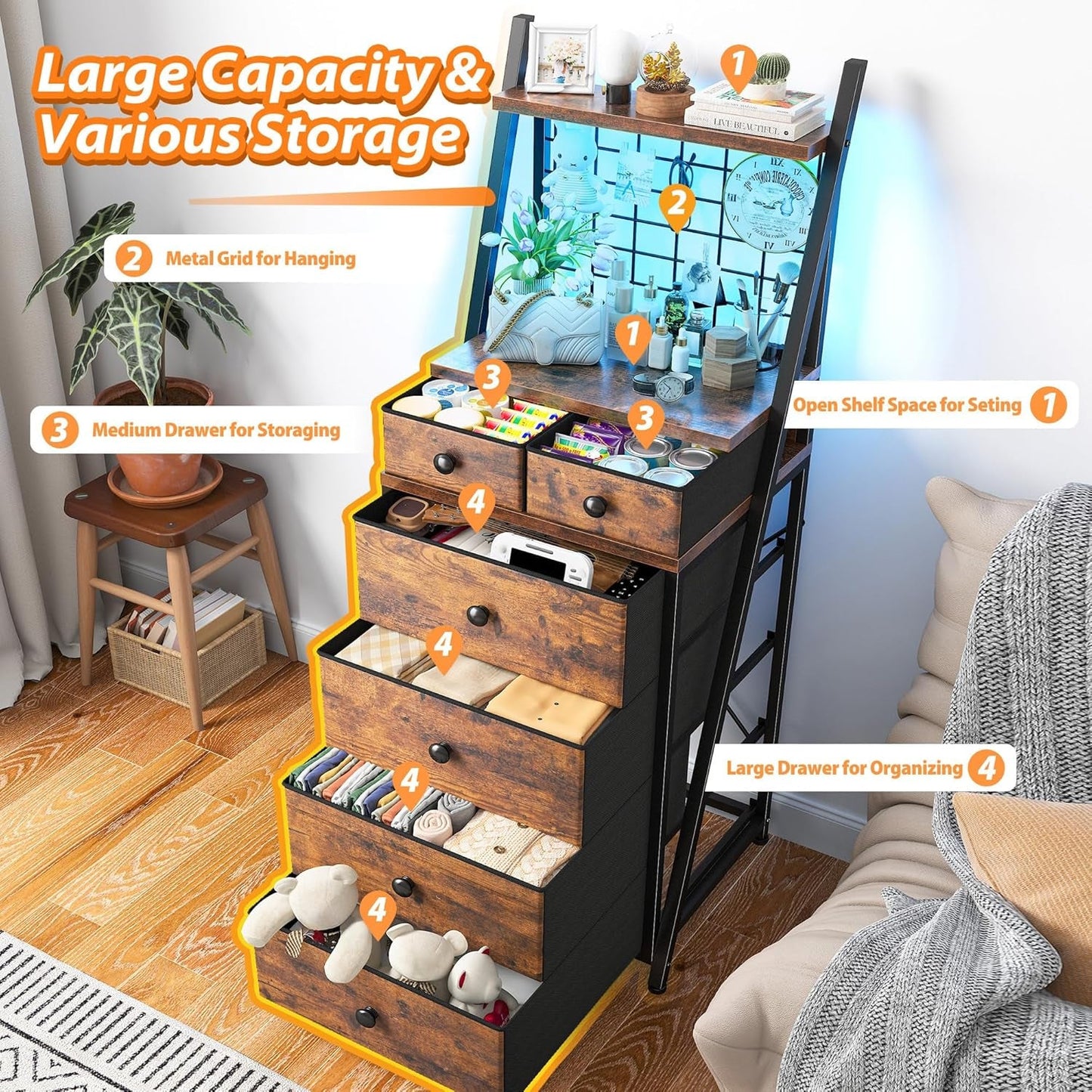 Vertical Dresser for Bedroom 6-Drawer LED Dressers & Chest of Drawers Sturdy Bedroom Dressers with Grid for Living Room,Closet,Entryway,Dorm,Rustic Brown-2