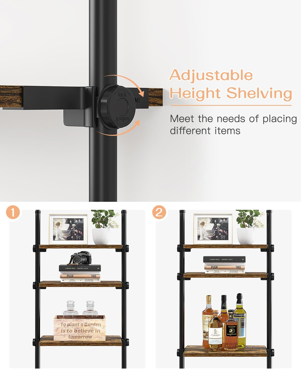 Adjustable Tall Narrow Bookshelf for Bedroom, 4-Tier Ladder Bookcase for Small Spaces, Tension Mount Tall Skinny Book Shelf with Open Storage, 64 to 113Inch Height-2