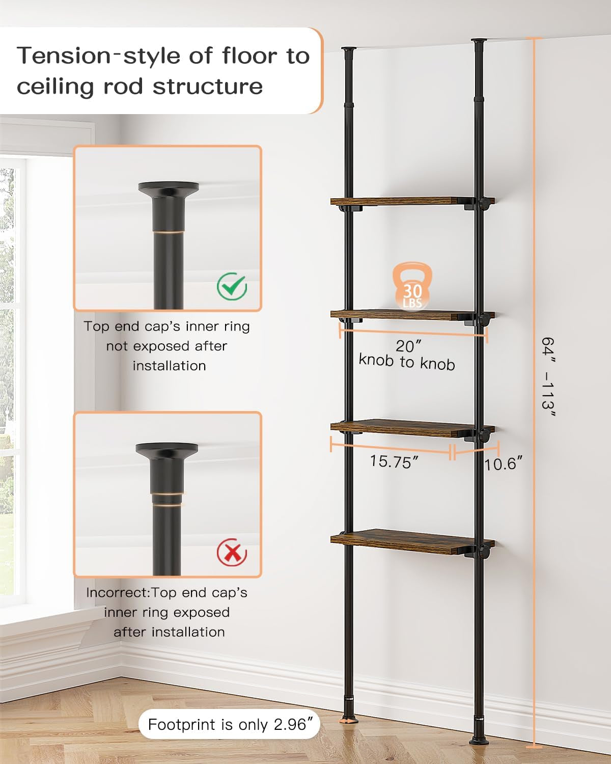 Adjustable Tall Narrow Bookshelf for Bedroom, 4-Tier Ladder Bookcase for Small Spaces, Tension Mount Tall Skinny Book Shelf with Open Storage, 64 to 113Inch Height-1