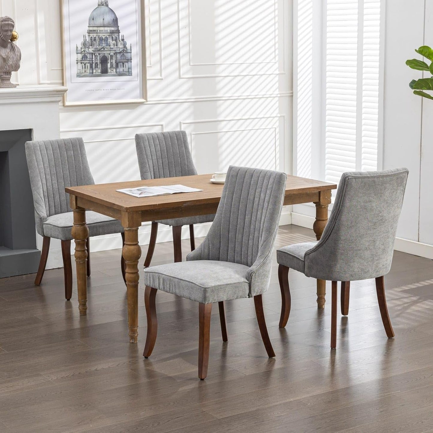 Velvet Dining Chairs Set of 4,Comfy Fabric Upholstered Accent Chairs for Kitchen Living Room,Channel Tufted Dining Room Chairs with Curved Solid Wood Legs(Gray)-1