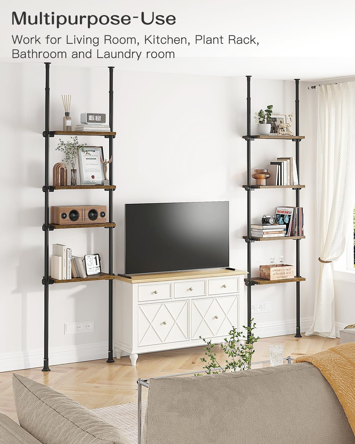 Adjustable Tall Narrow Bookshelf for Bedroom, 4-Tier Ladder Bookcase for Small Spaces, Tension Mount Tall Skinny Book Shelf with Open Storage, 64 to 113Inch Height-4