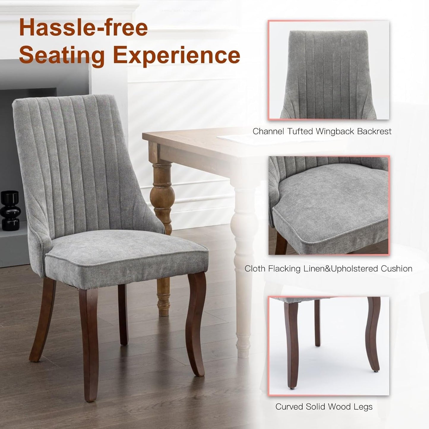 Velvet Dining Chairs Set of 4,Comfy Fabric Upholstered Accent Chairs for Kitchen Living Room,Channel Tufted Dining Room Chairs with Curved Solid Wood Legs(Gray)-4