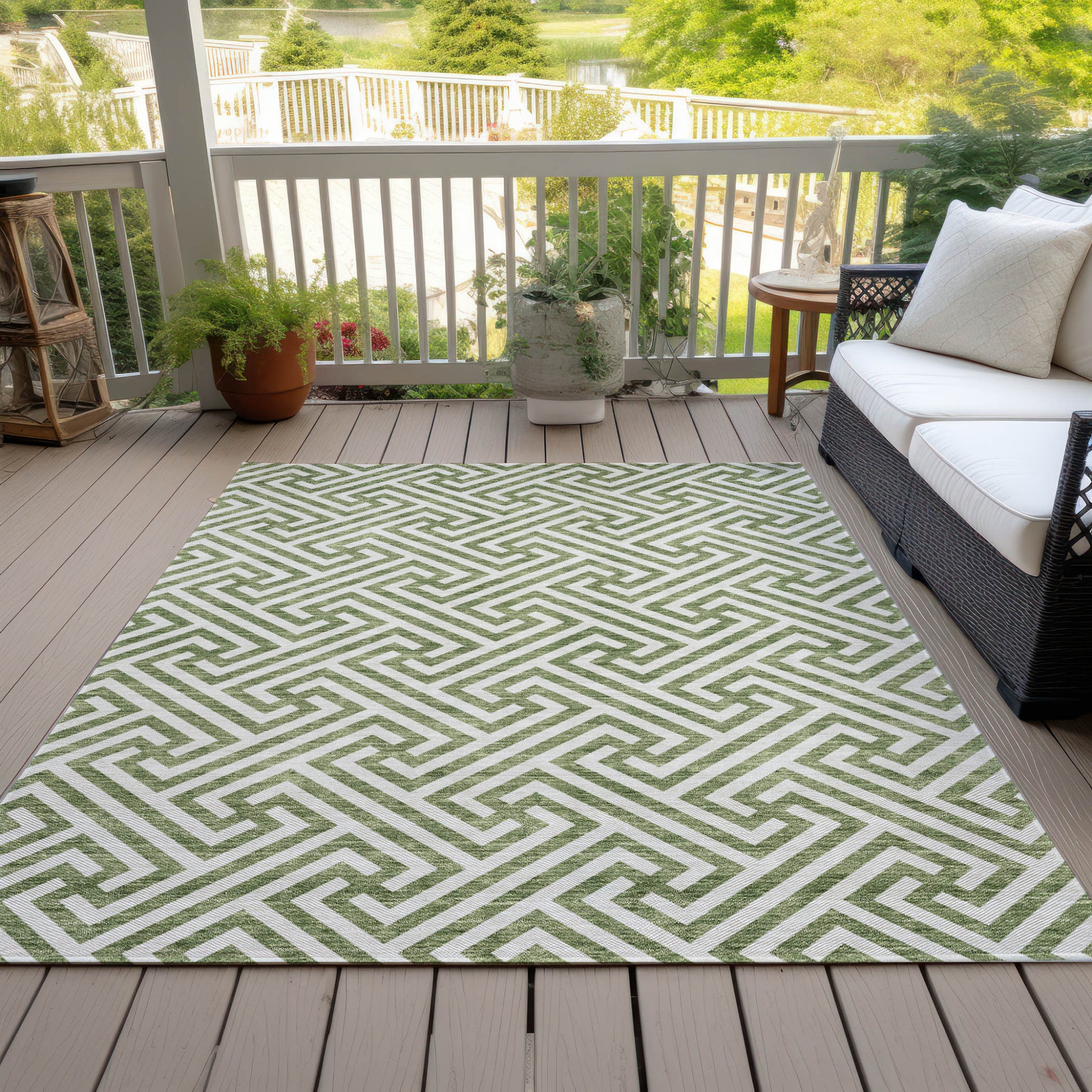 10' X 14' Green And Beige Geometric Washable Indoor Outdoor Area Rug-6