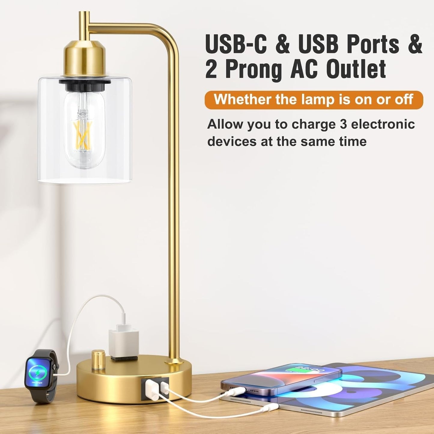 Industrial Table Lamps for Bedroom Set of 2 - Fully Dimmable Bedside Lamps with USB Ports and Outlet, Gold Nightstand Lamps with Clear Glass Shade for Living Room, Desk Lamps for Office Reading-2
