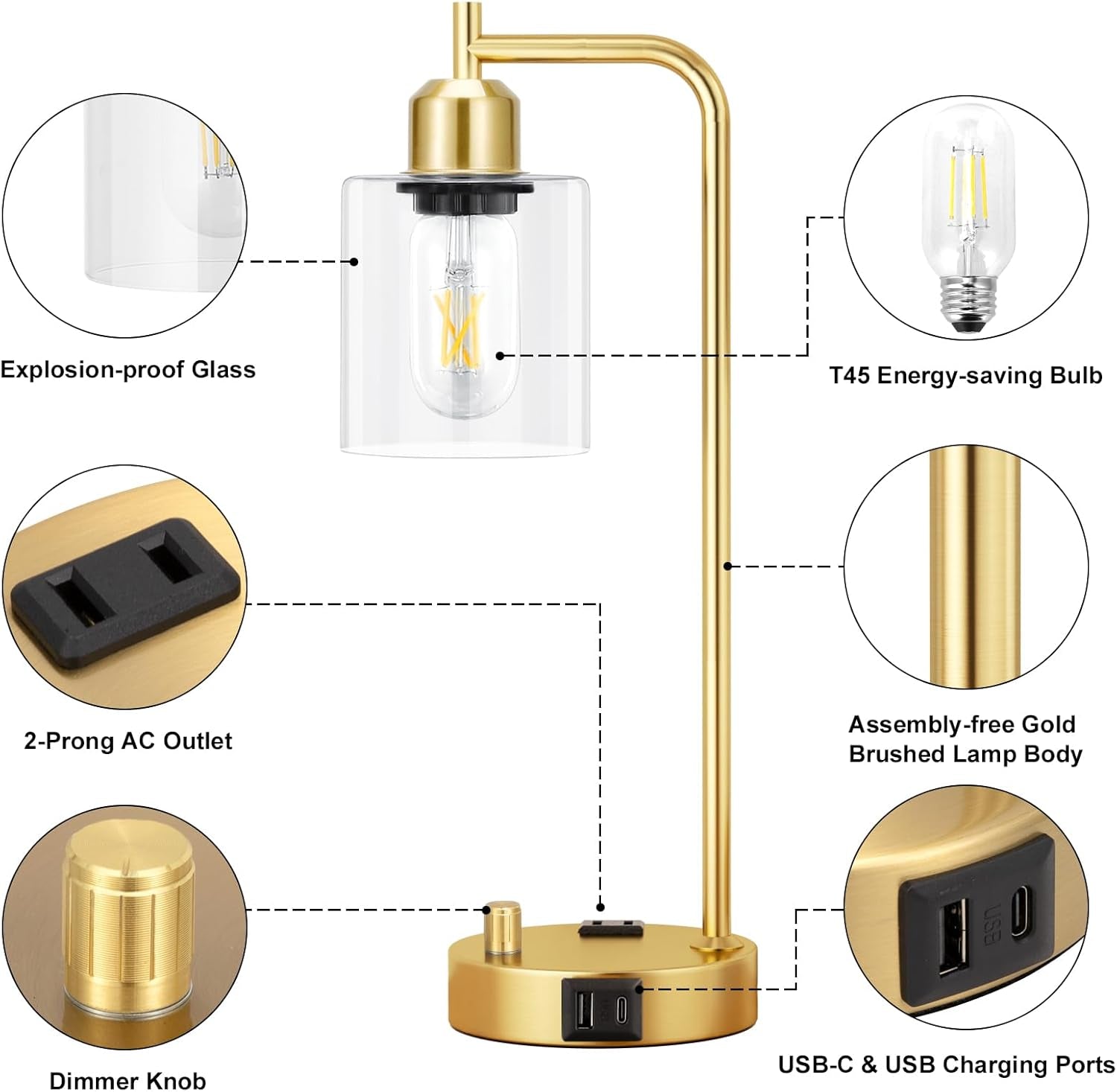 Industrial Table Lamps for Bedroom Set of 2 - Fully Dimmable Bedside Lamps with USB Ports and Outlet, Gold Nightstand Lamps with Clear Glass Shade for Living Room, Desk Lamps for Office Reading-3