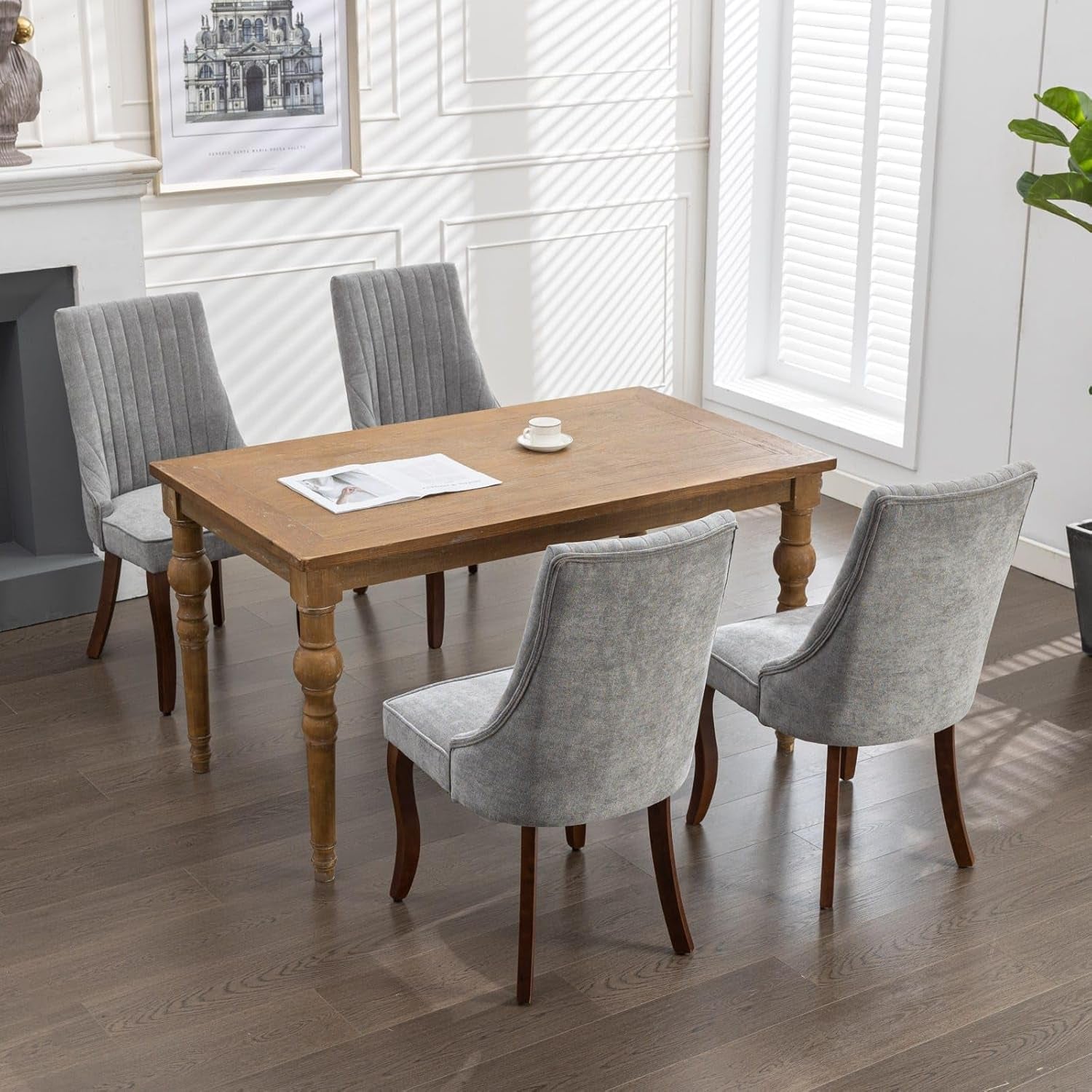 Velvet Dining Chairs Set of 4,Comfy Fabric Upholstered Accent Chairs for Kitchen Living Room,Channel Tufted Dining Room Chairs with Curved Solid Wood Legs(Gray)-3