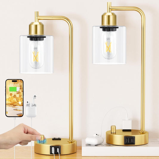Industrial Table Lamps for Bedroom Set of 2 - Fully Dimmable Bedside Lamps with USB Ports and Outlet, Gold Nightstand Lamps with Clear Glass Shade for Living Room, Desk Lamps for Office Reading-0