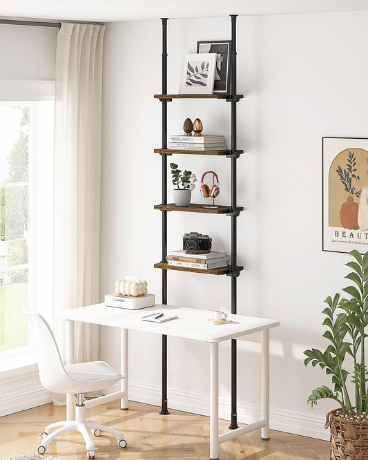 Adjustable Tall Narrow Bookshelf for Bedroom, 4-Tier Ladder Bookcase for Small Spaces, Tension Mount Tall Skinny Book Shelf with Open Storage, 64 to 113Inch Height-0