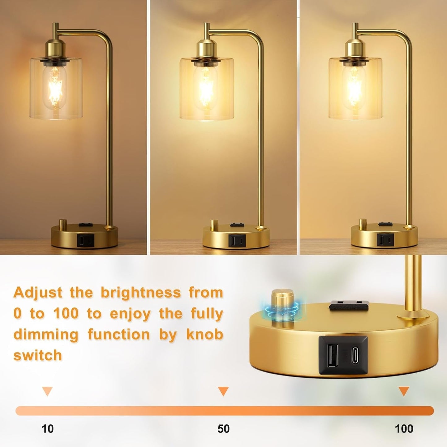 Industrial Table Lamps for Bedroom Set of 2 - Fully Dimmable Bedside Lamps with USB Ports and Outlet, Gold Nightstand Lamps with Clear Glass Shade for Living Room, Desk Lamps for Office Reading-1