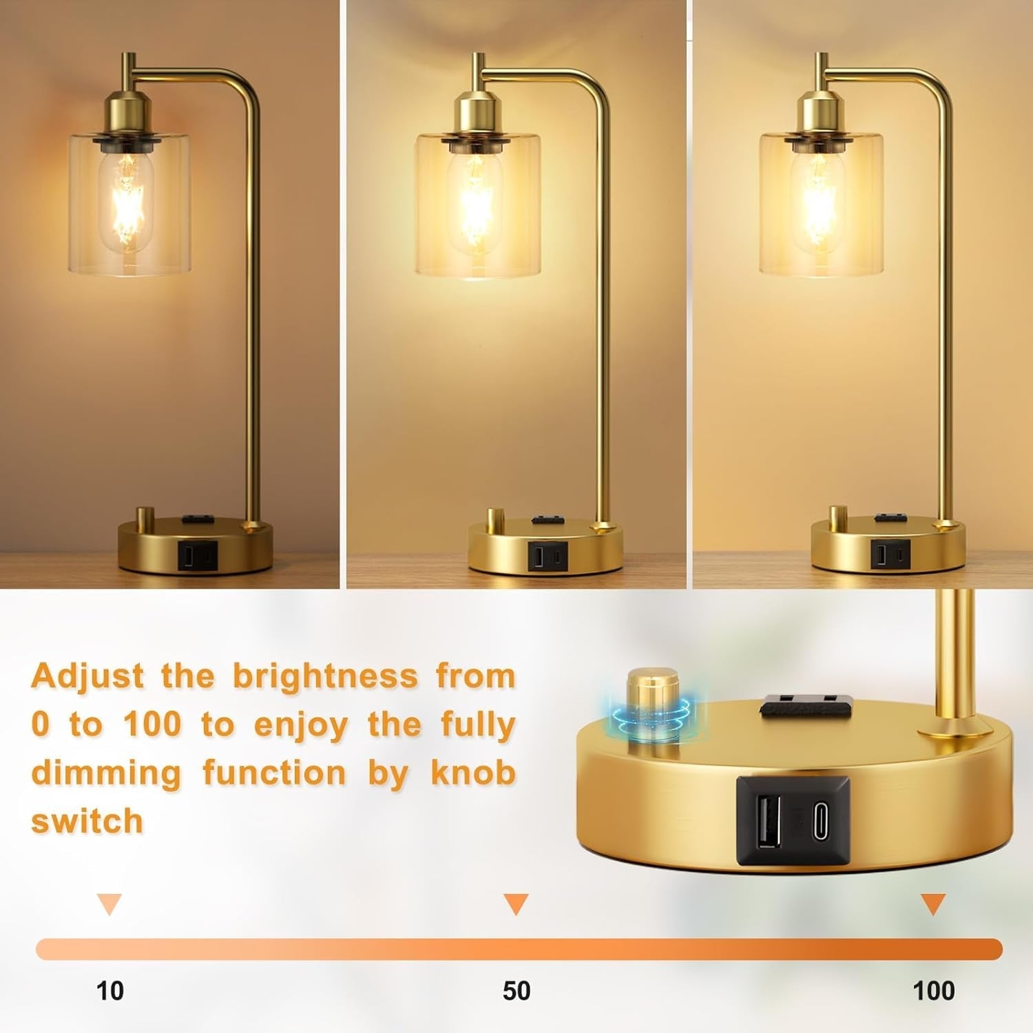 Industrial Table Lamps for Bedroom Set of 2 - Fully Dimmable Bedside Lamps with USB Ports and Outlet, Gold Nightstand Lamps with Clear Glass Shade for Living Room, Desk Lamps for Office Reading-1